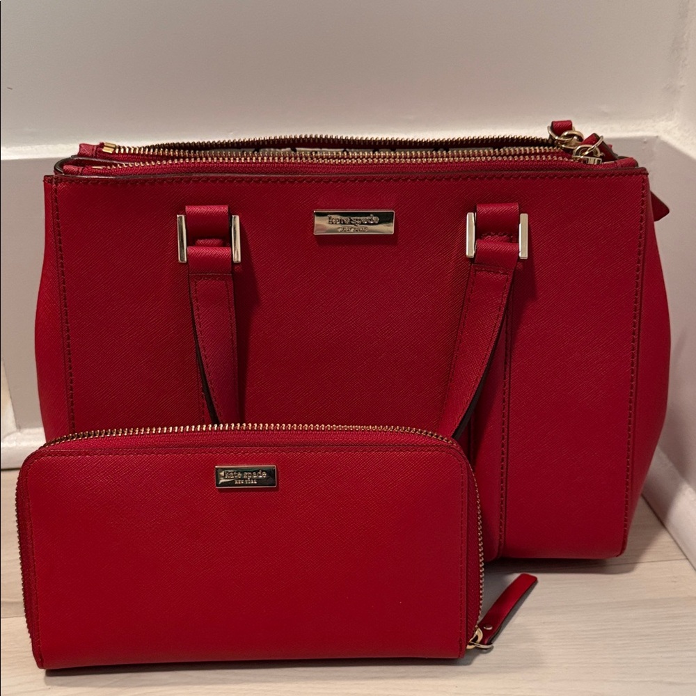 Kate Spade Saffiano Red Leather Tote with crossbody strap and matching wallet